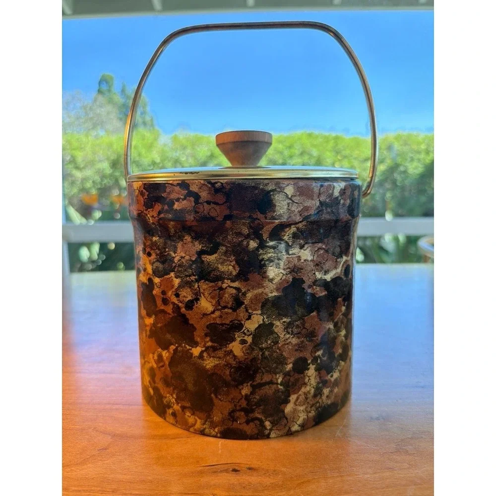 Vintage Mid-Century Modern Gessner Tortoise Shell Vinyl Ice Bucket with Brass Ha